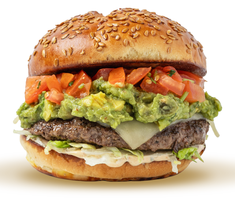 Rev Burger Lonestar burger with beef patty, melted cheese, guacamole, pico de gallo, lettuce, and sauce on a flax seed bun