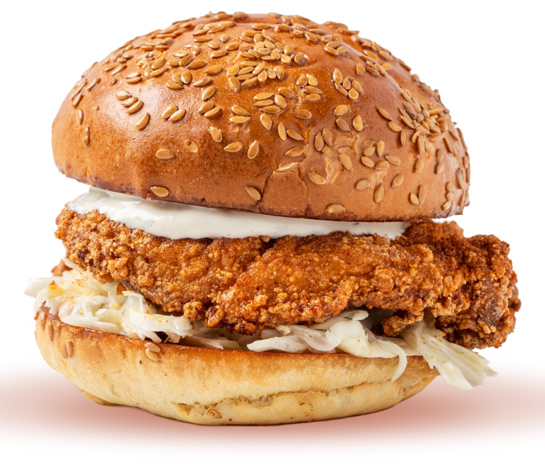 Rev Burger crispy fried chicken sandwich with Dry Rub, Buttermilk Ranch and Grillo’s Pickle Slaw on a flax seed bun